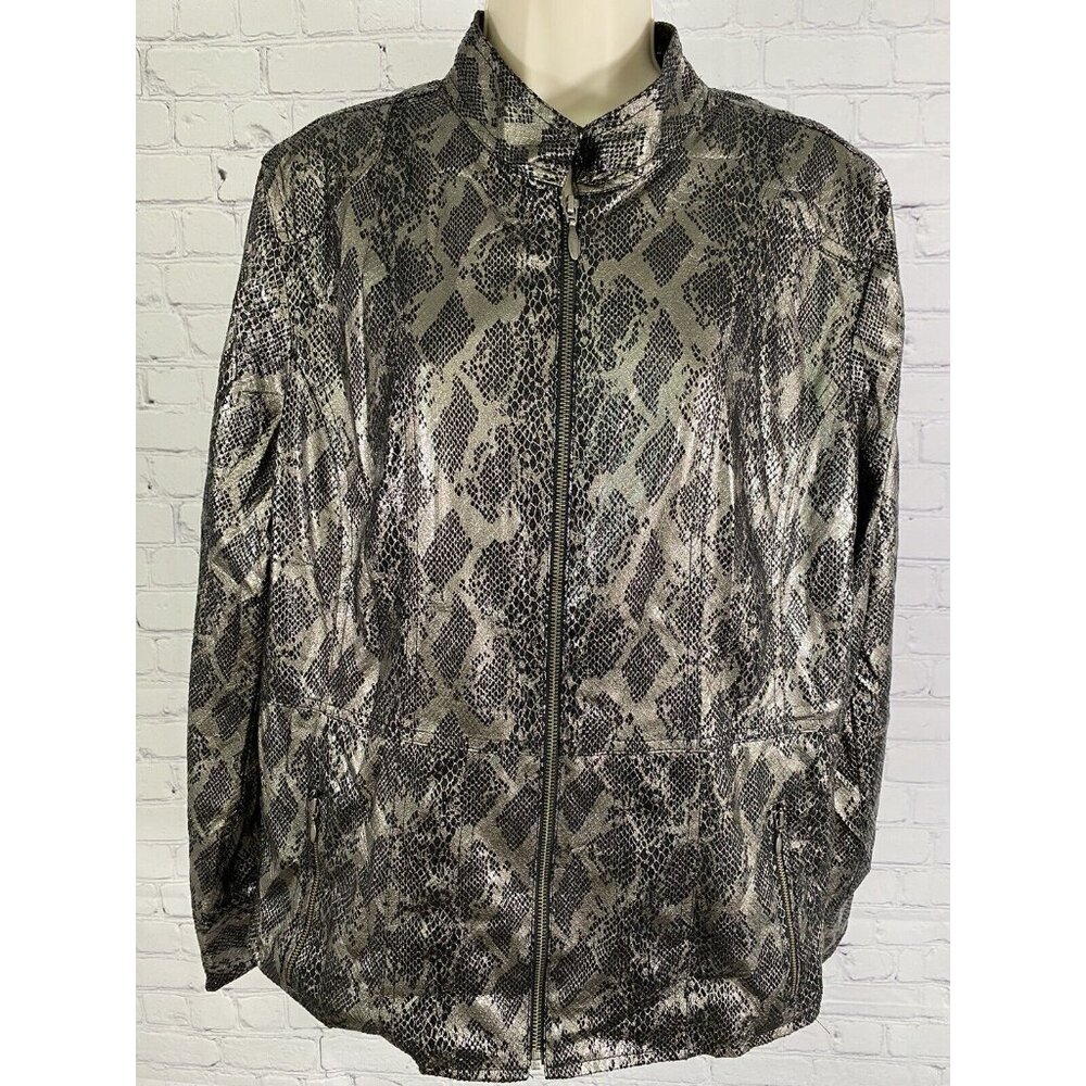 Chico’s Black Silver Full Zip Shiny Snake Print Long Sleeve Lined Jacket Size L